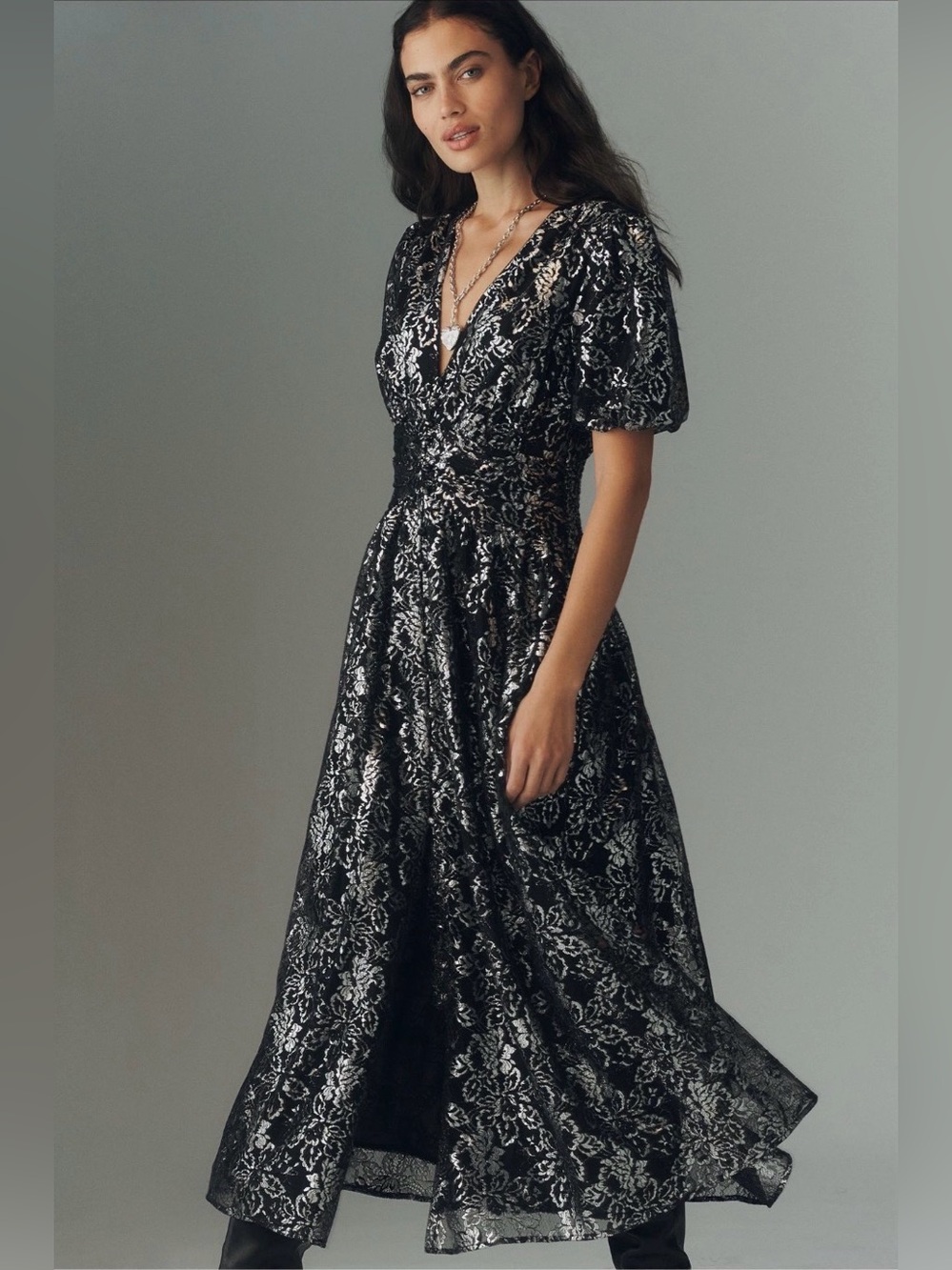 NWT Anthropologie Katerina Metallic Lace Maxi Dress Black Silver XS